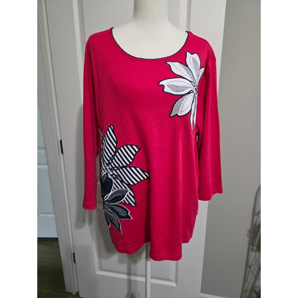 Alfred Dunner Women XL Red Floral Graphic 3/4 Sleeve Knit Top Scoop Neck Casual